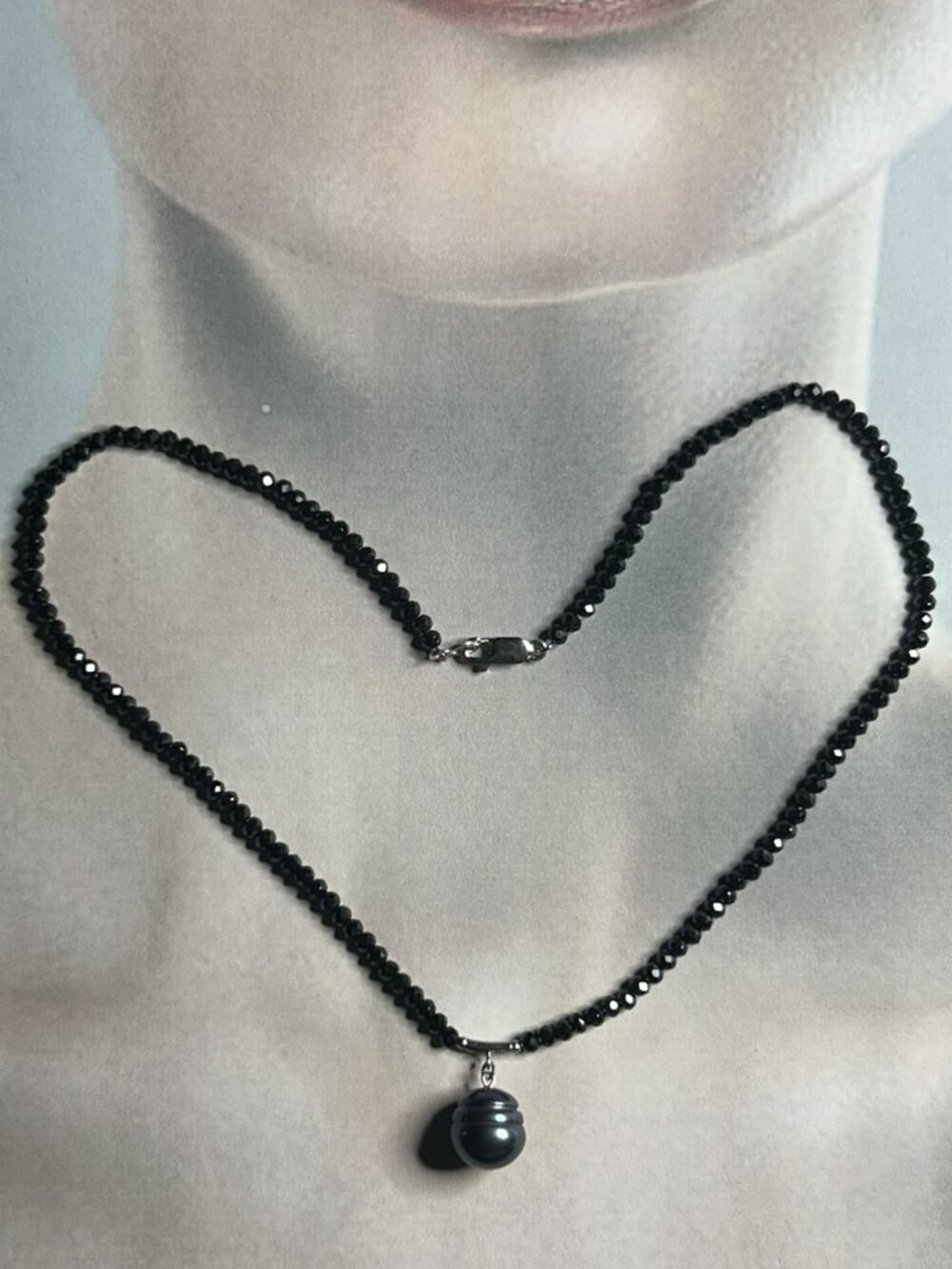 Natural Black Faceted Spinel Beads and Black Freshwater Ringed Pearl Necklace.